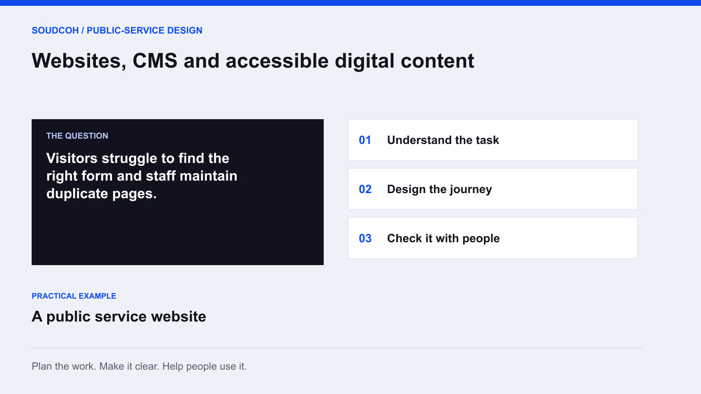 Websites, CMS and accessible digital content: understand the task, then design the journey, then check it with people.