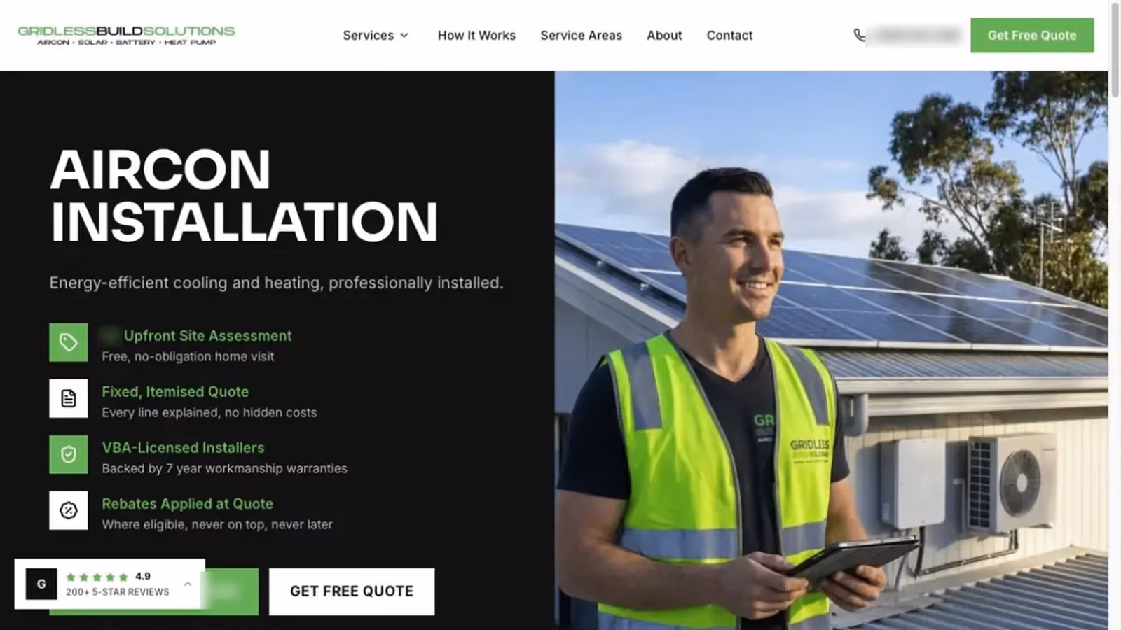 Gridless Build Solutions air conditioning page with the installation promise and quote route