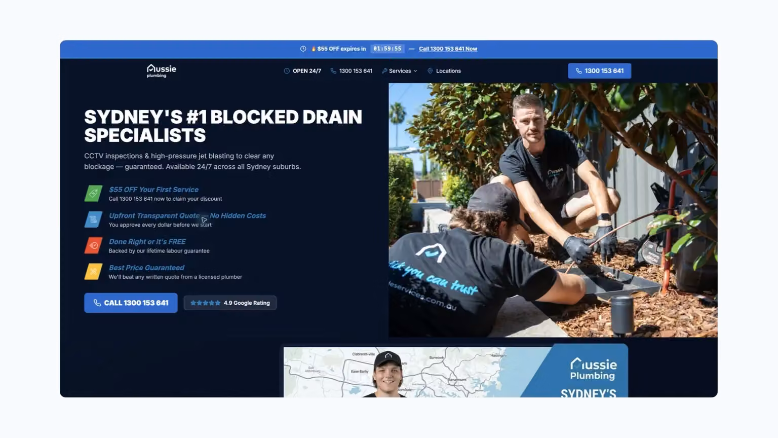 Aussie Plumbing: a service-specific blocked-drain destination.