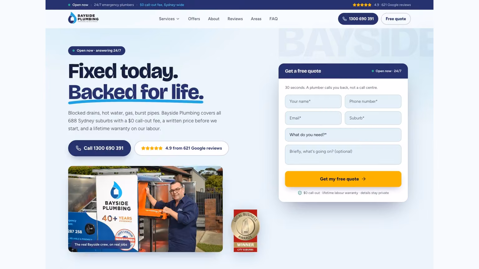 Bayside Plumbing: the website service introduction and enquiry choices supporting the campaign.