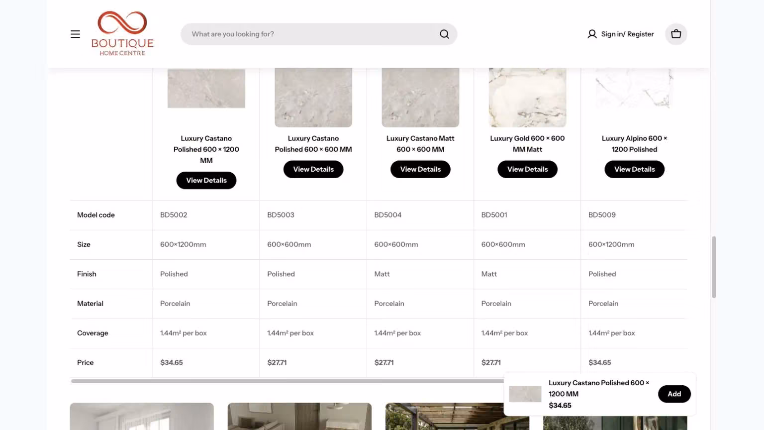 Boutique Home Centre: a shared product comparison layout for key specifications.