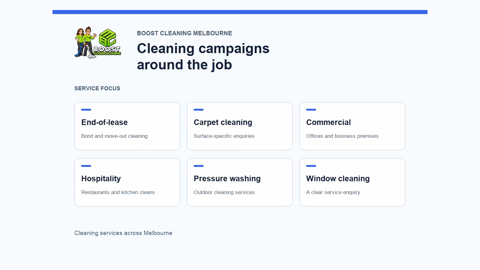 Boost Cleaning Melbourne: end-of-lease, carpet, commercial, hospitality, pressure washing and window cleaning.