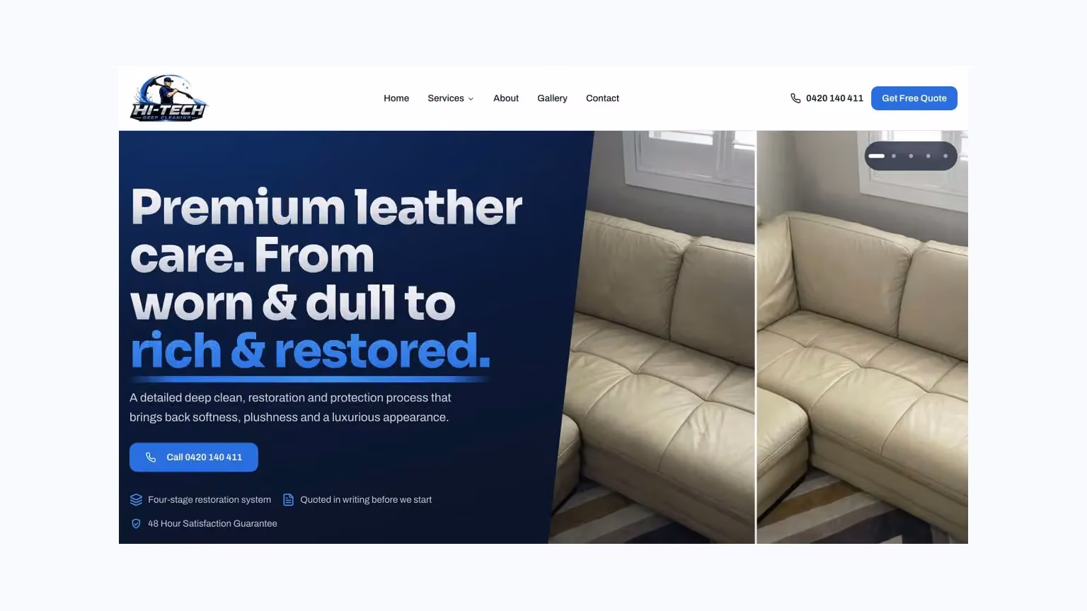 Hi-Tech Deep Cleaning: leather restoration has its own service explanation and surface imagery.