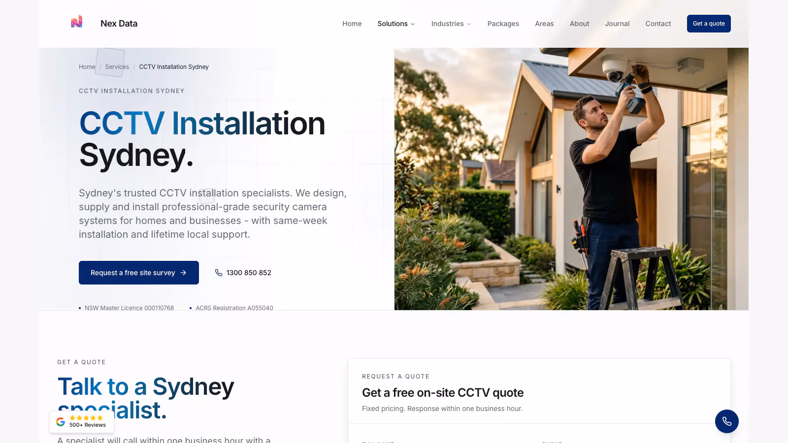 Nex Data CCTV installation page with a site survey button and an installer fitting a camera