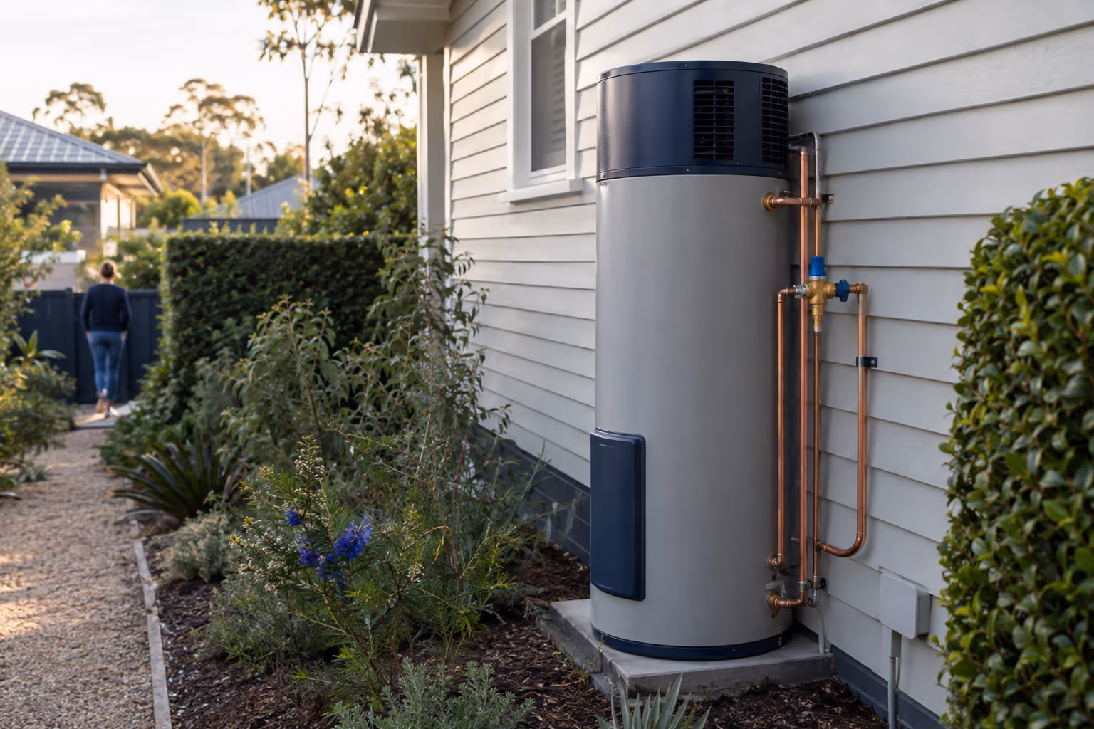 A new hot water system installed against the weatherboard wall of a suburban house, with copper pipework neatly fitted