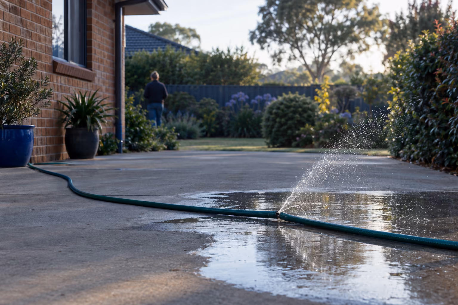 A garden hose with a small split spraying water across a concrete driveway beside a brick home, a puddle spreading in the morning light