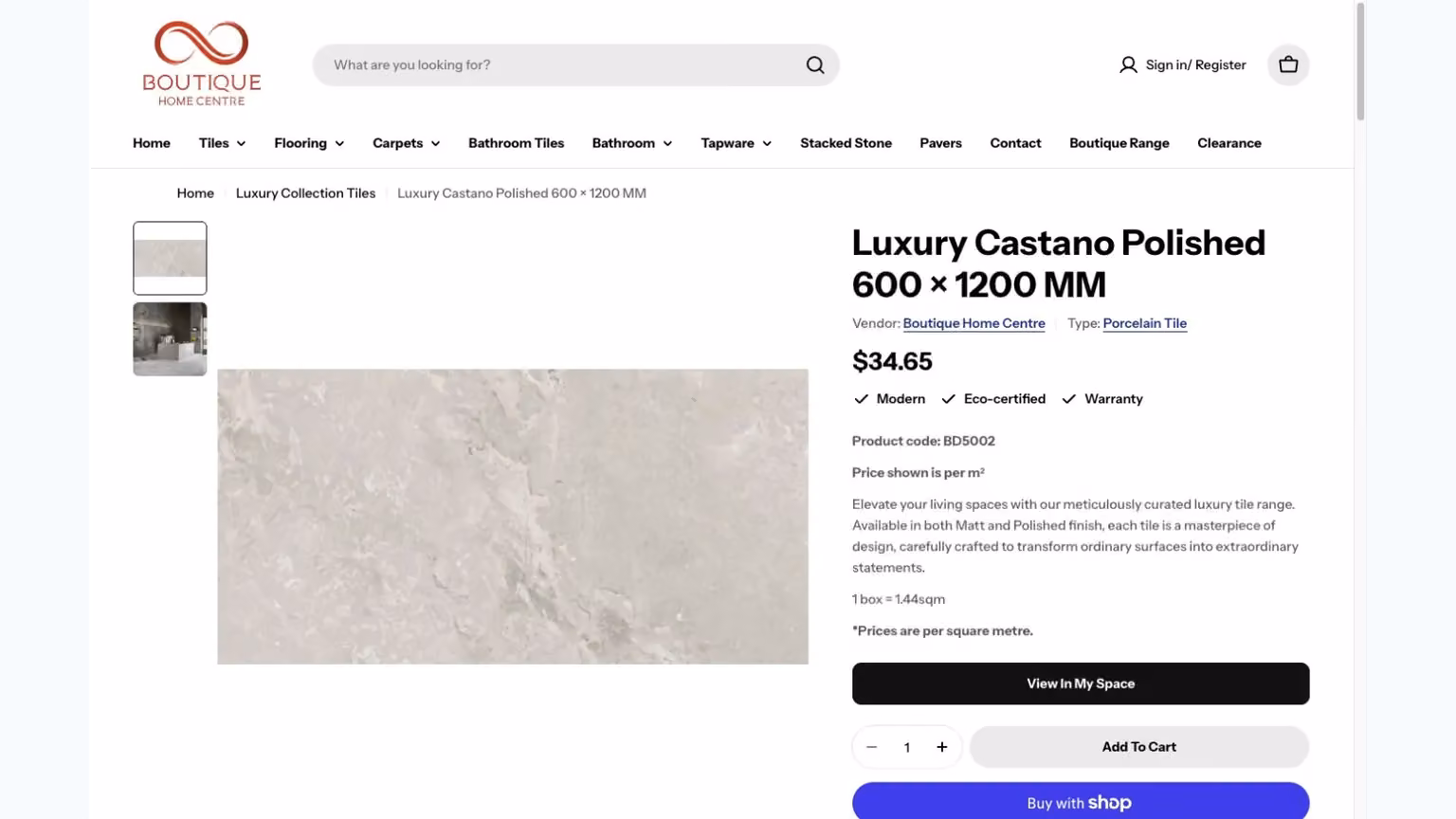 Boutique Home Centre: product information beside shopping, quote and room-preview choices.