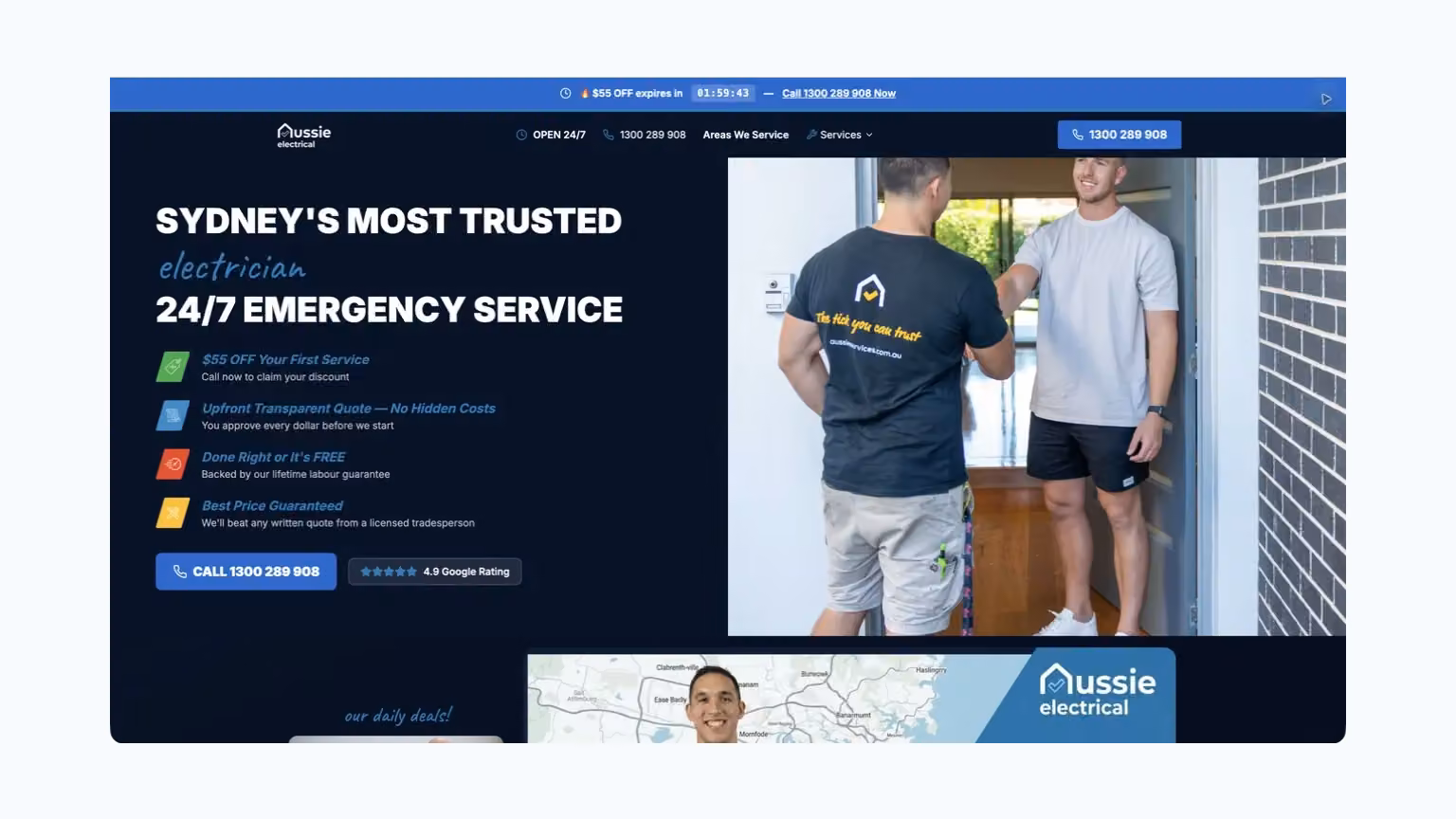 Aussie Electrical: a Sydney electrical service introduction with prominent contact choices.