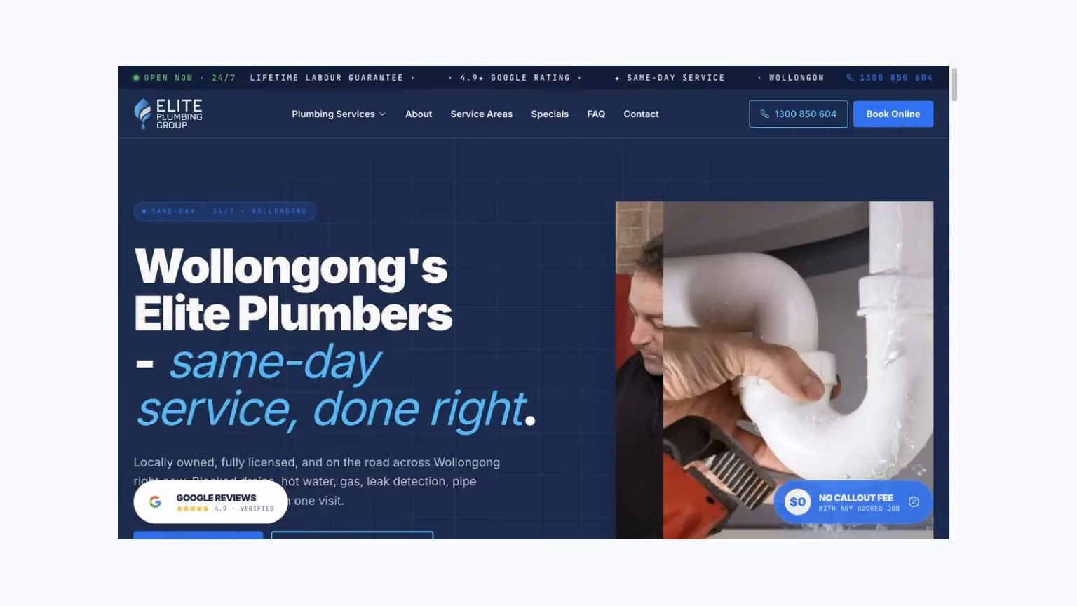 Elite Plumbing Group: residential working imagery and a Wollongong service introduction.