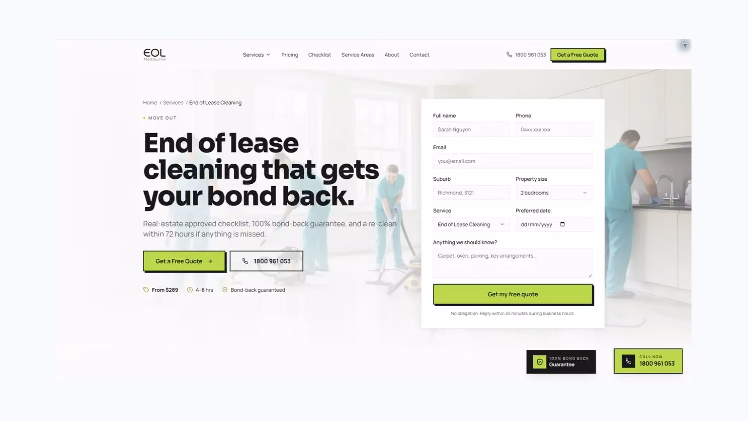 EOL Melbourne: end-of-lease service information with a property-specific enquiry form.