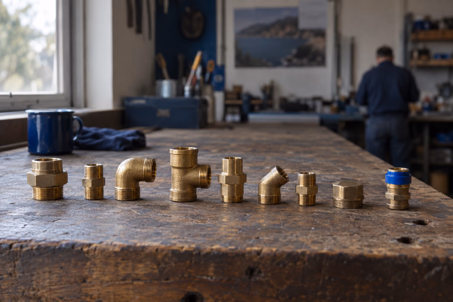 A row of brass plumbing fittings of slightly different shapes and sizes laid out in a neat line on a timber workbench