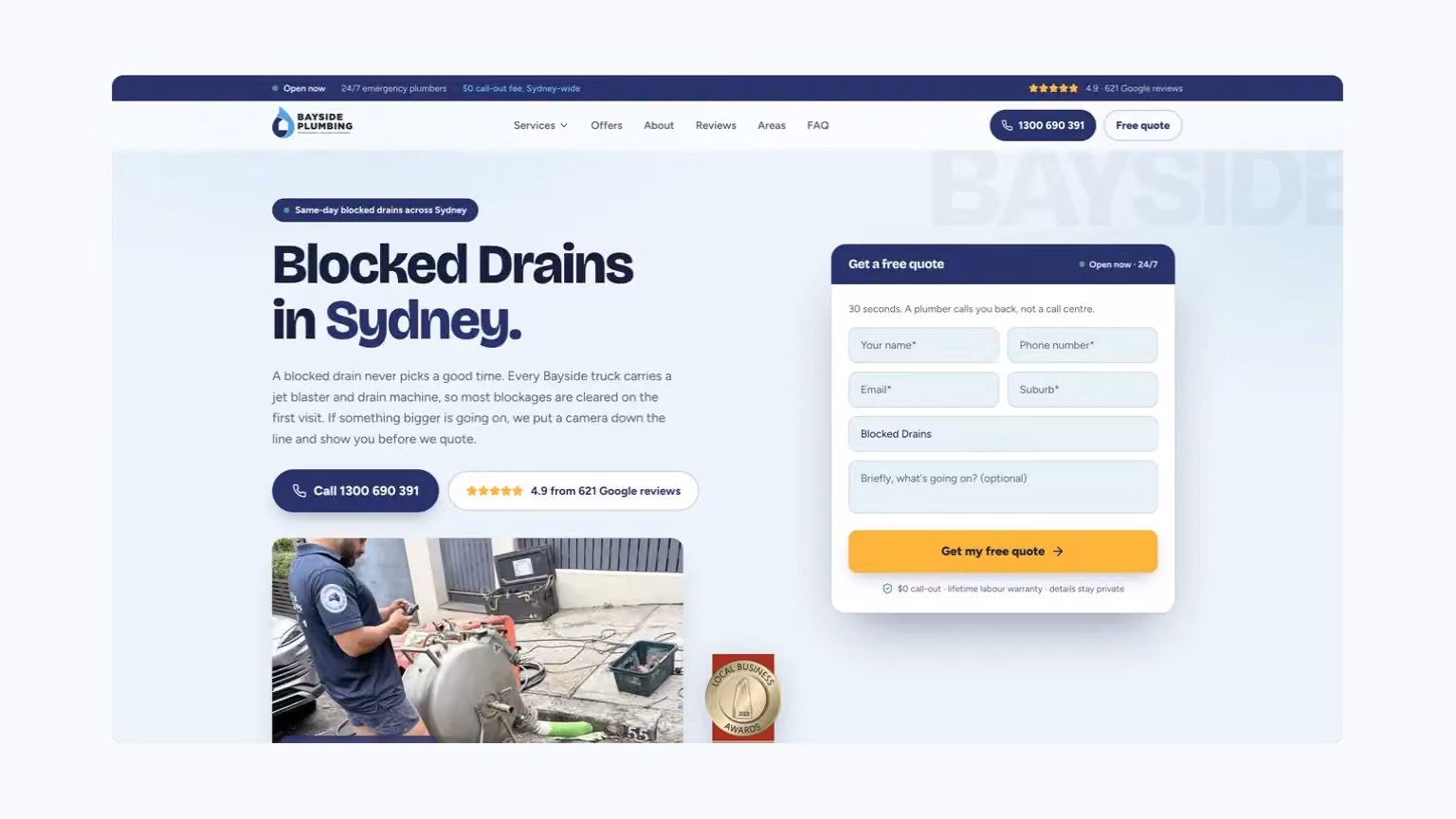 Bayside Plumbing: a clear service page with phone and enquiry choices; campaign schedules should reflect the response a business can provide.