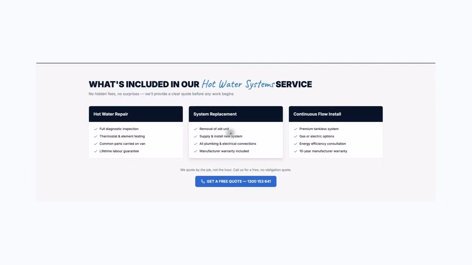 Aussie Plumbing: separate inclusion lists for hot-water repair, replacement and continuous-flow installation.