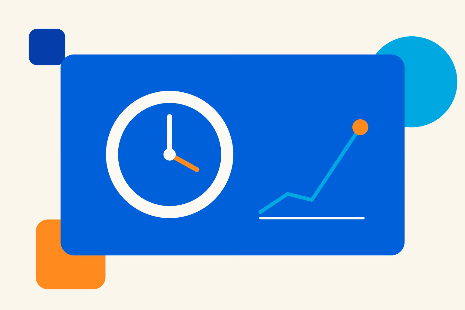 Illustrated clock on a blue card, representing the time a new Google Ads account takes to build