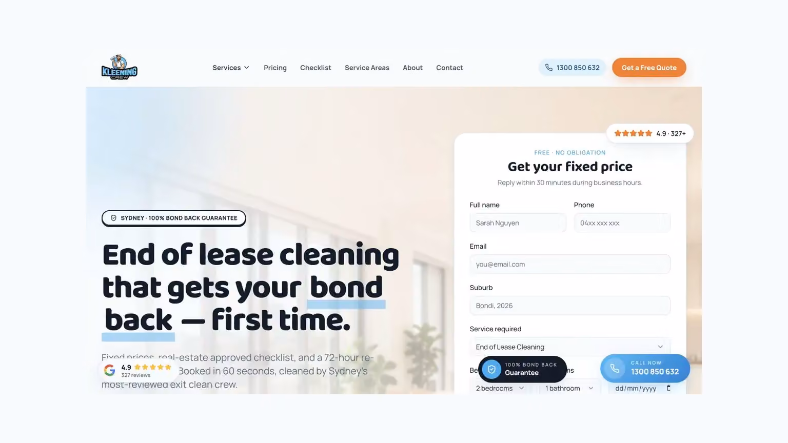 Kleening Crew Sydney: local end-of-lease information beside a property quote form.