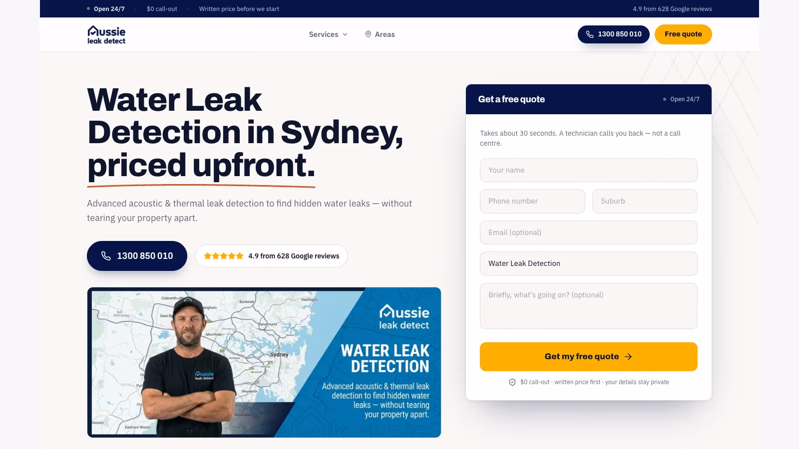 Aussie Leak Detect water leak detection page with the service selected in the quote form