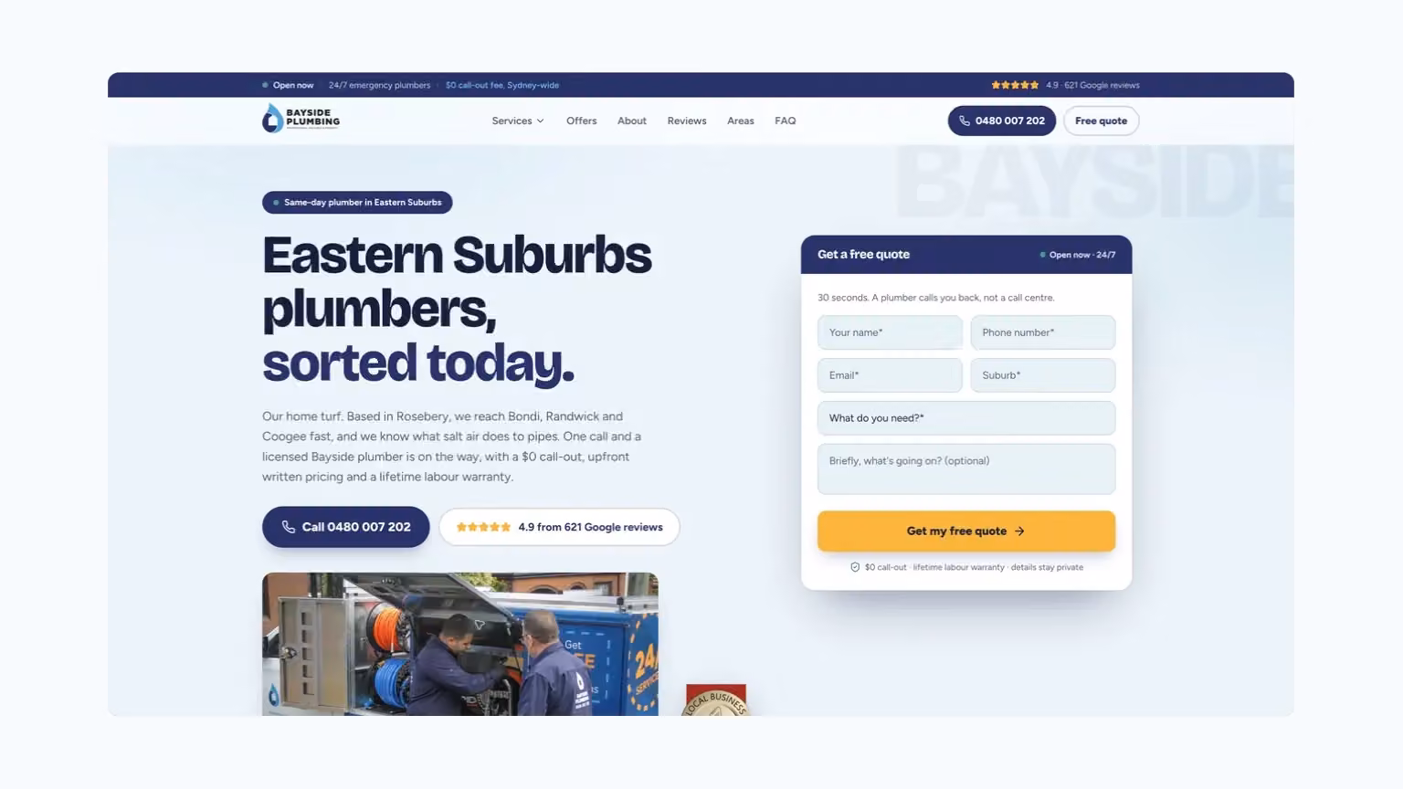 Bayside Plumbing: an Eastern Suburbs service page that makes the location clear.