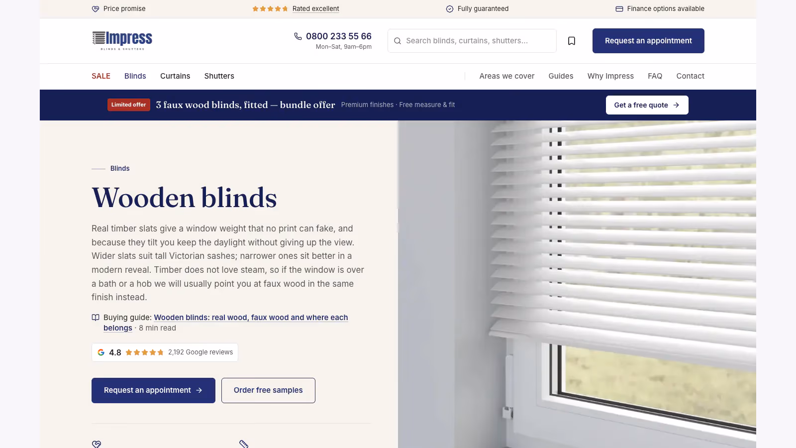 Impress Blinds wooden blinds page with product information and appointment and sample buttons