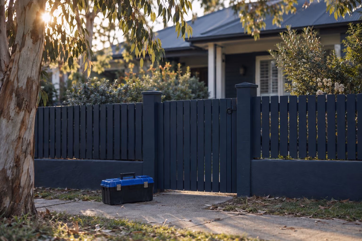 A closed timber gate on the front path of an Australian suburban home, with a tradesperson's toolbox waiting on the footpath outside in late afternoon light