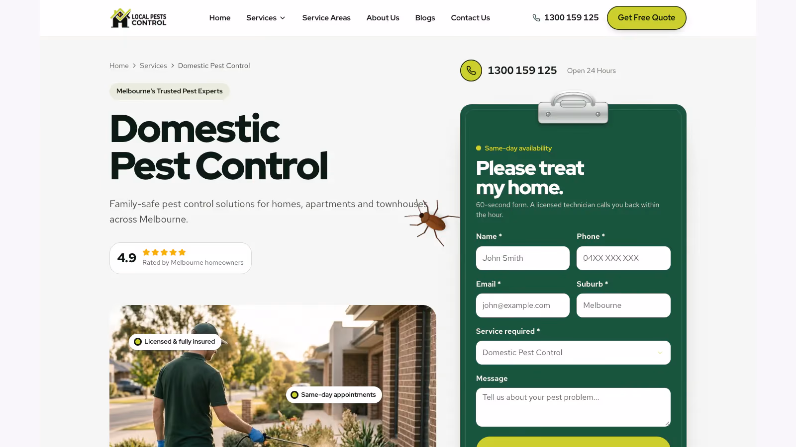 Local Pests Control domestic pest control page with the service selected in the form