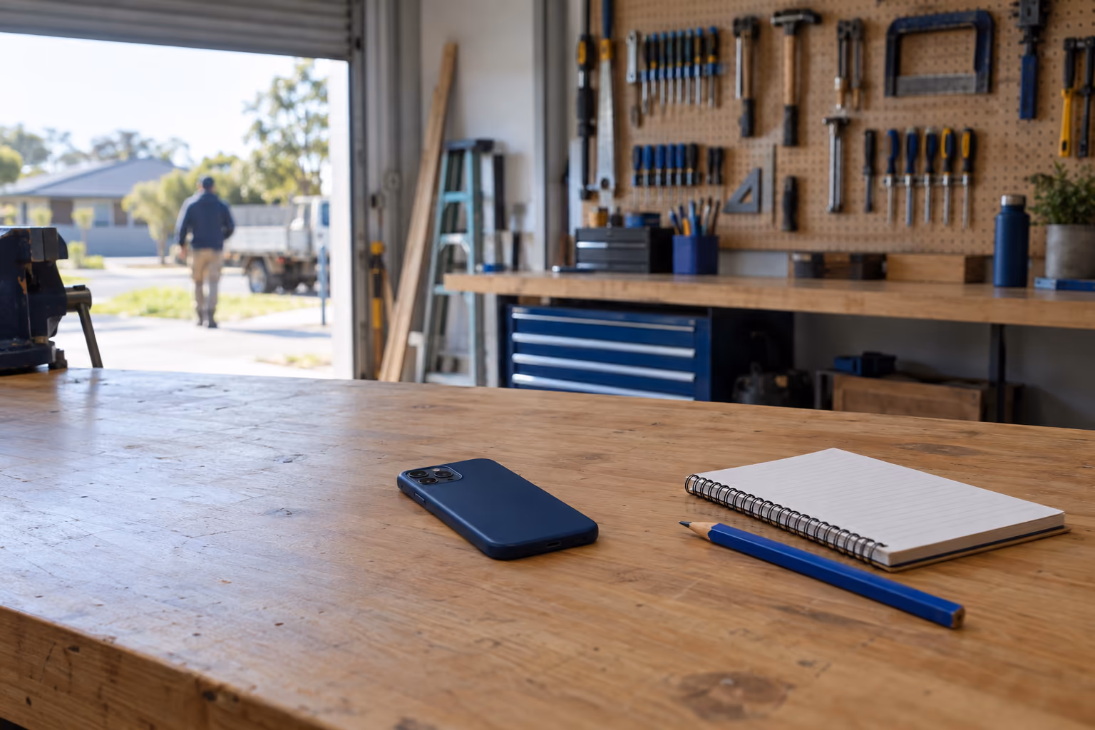 A mobile phone lying face down on a tidy workbench in a tradesperson's workshop, beside a notepad and pencil