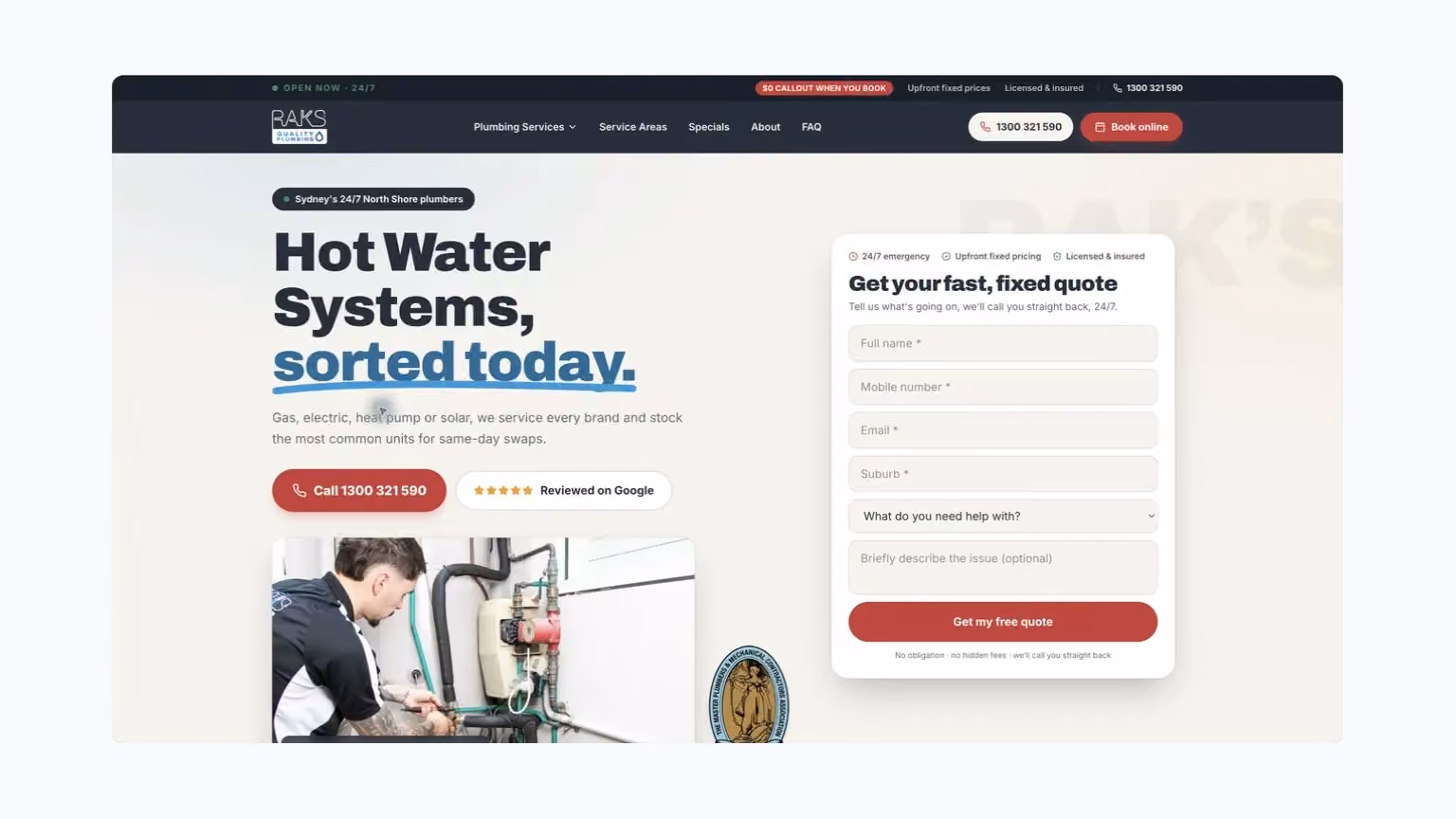 RAKS Quality Plumbing: hot-water information beside a local quote form.