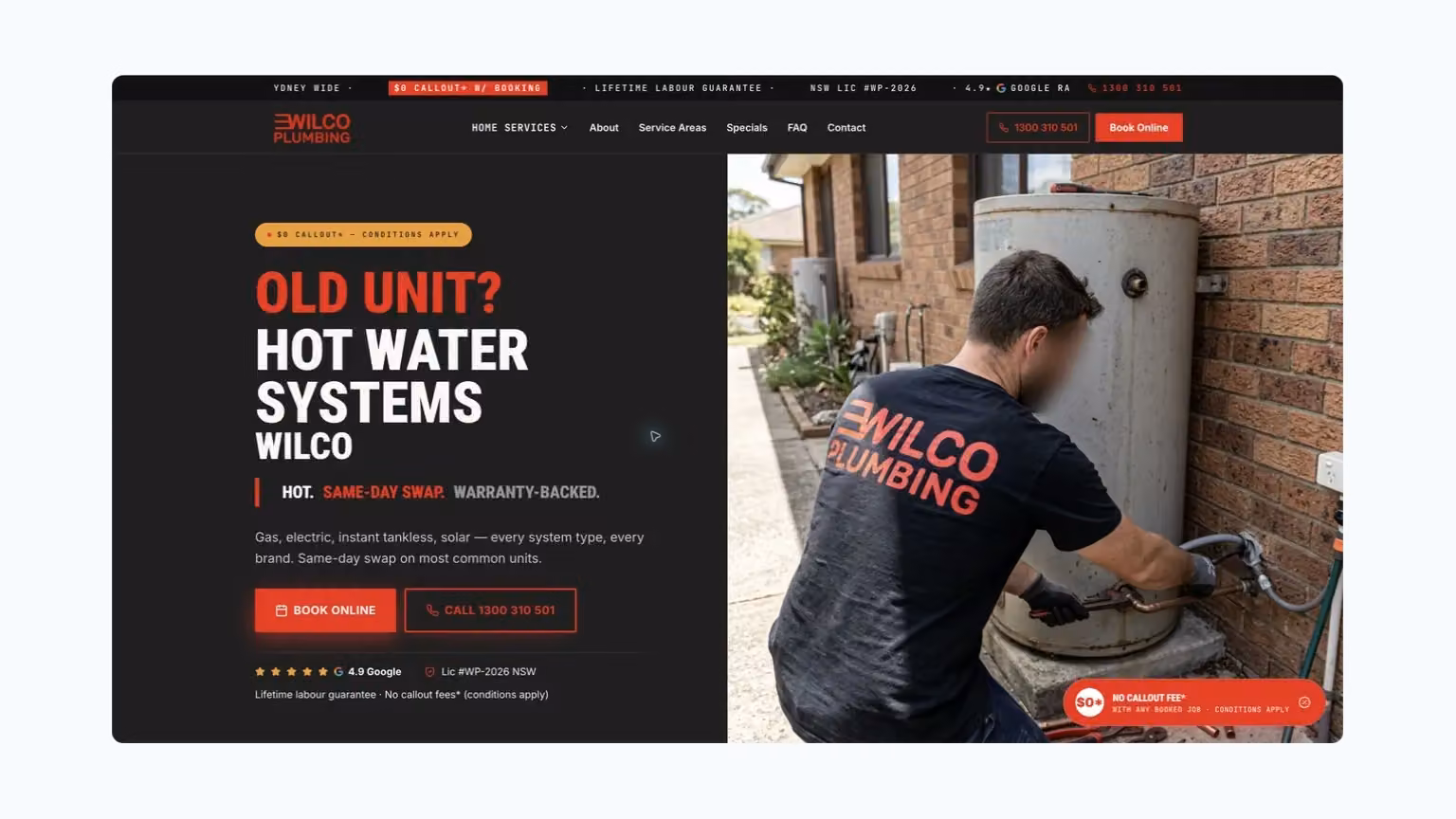 Wilco Plumbing: a hot-water destination with its own message and supporting imagery.