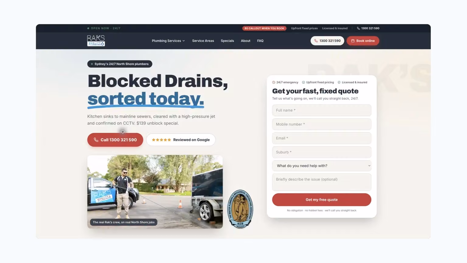 RAKS Quality Plumbing: a blocked-drain page keeps the enquiry connected to the service.
