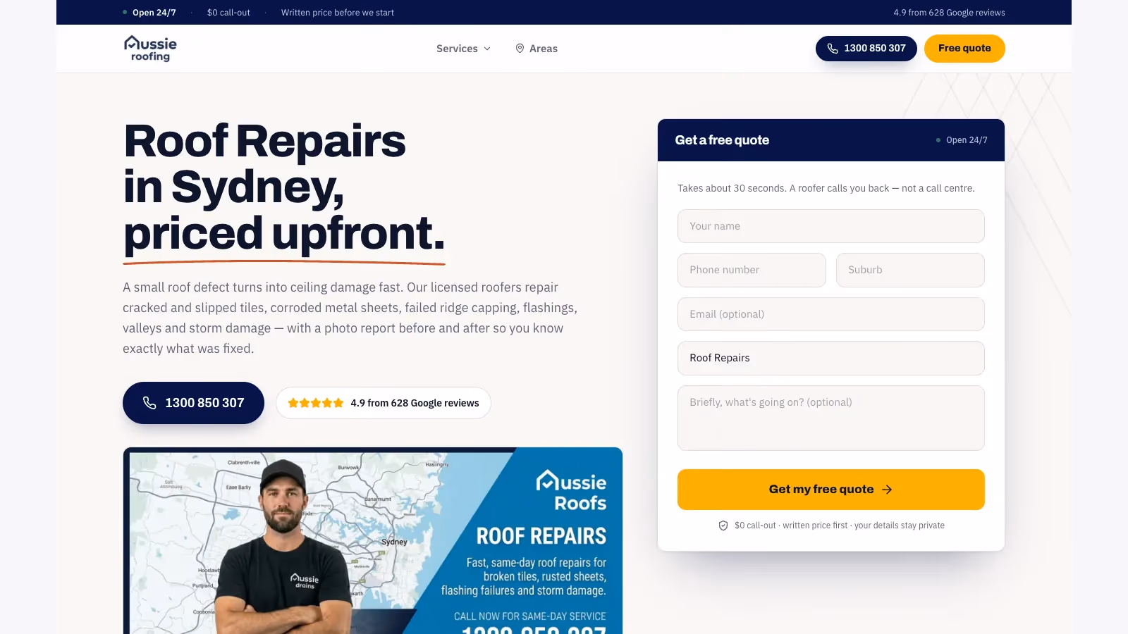 Aussie Roofing repairs page with Roof Repairs selected in the quote form