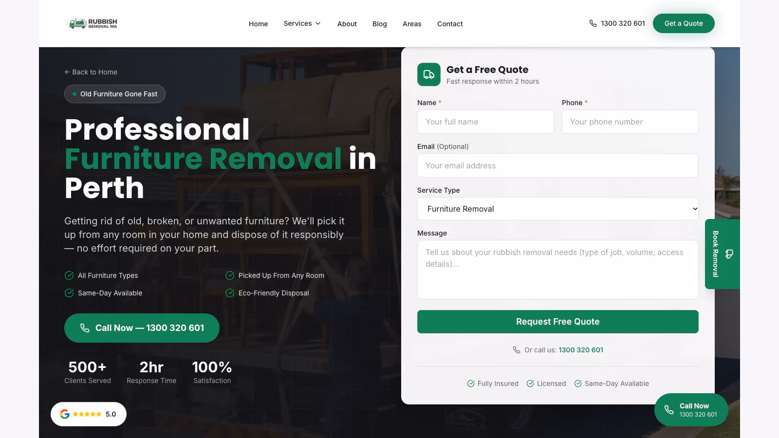 Rubbish Removal WA furniture removal page with the service selected in the quote form