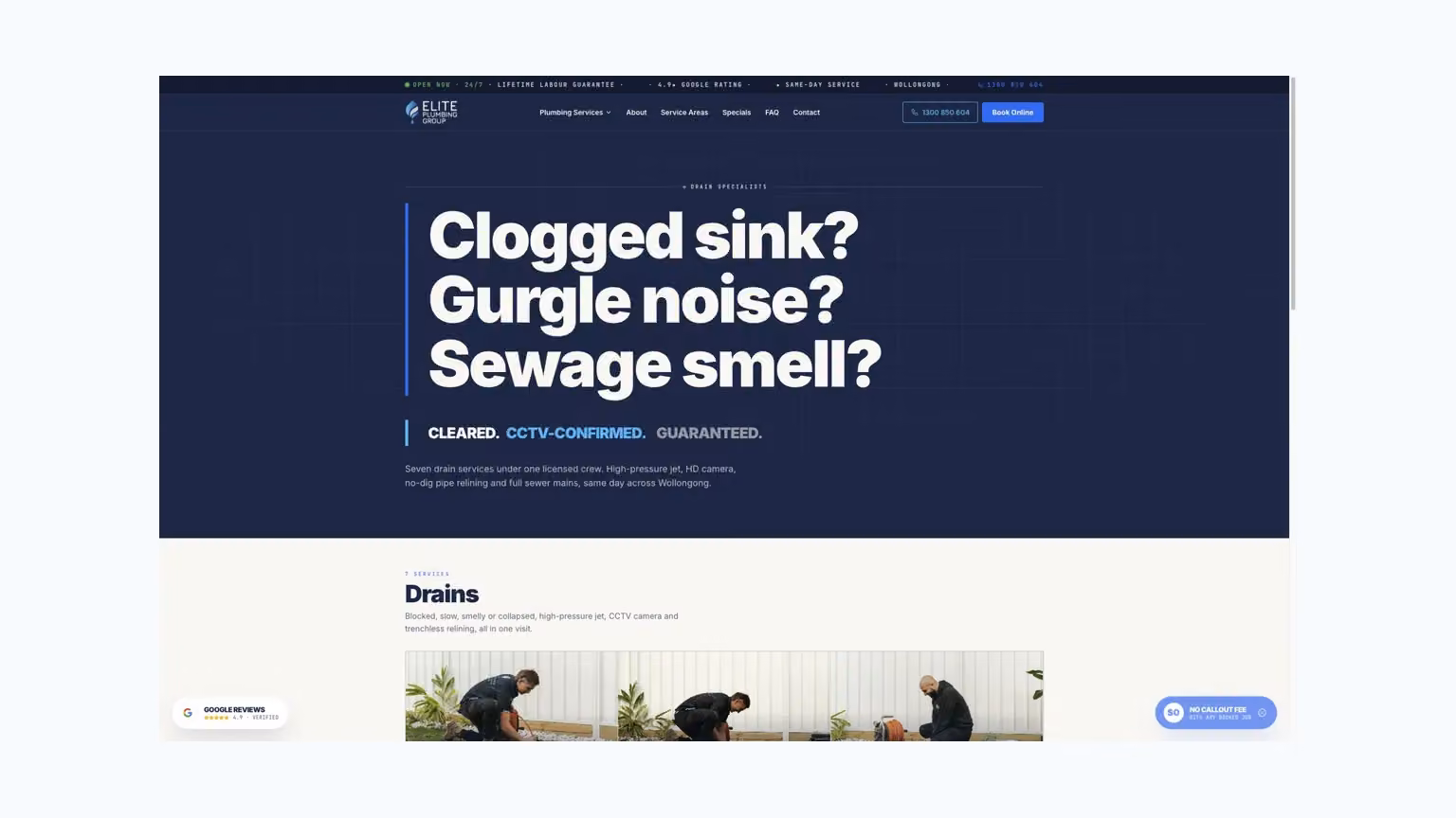 Elite Plumbing Group: a symptom-led residential drain page.