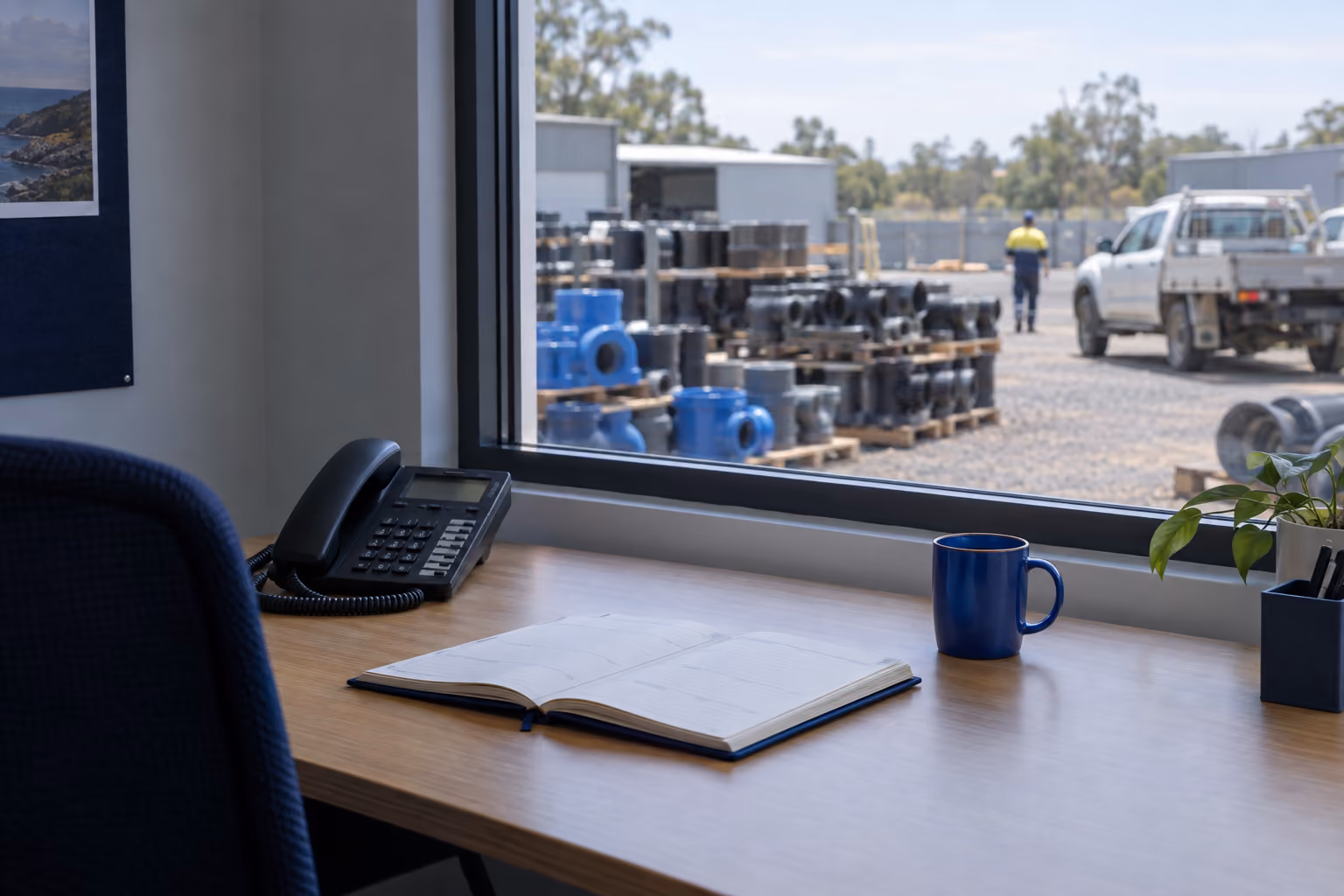 A landline phone and an open appointment diary on a small trade office desk, with a window onto a work yard