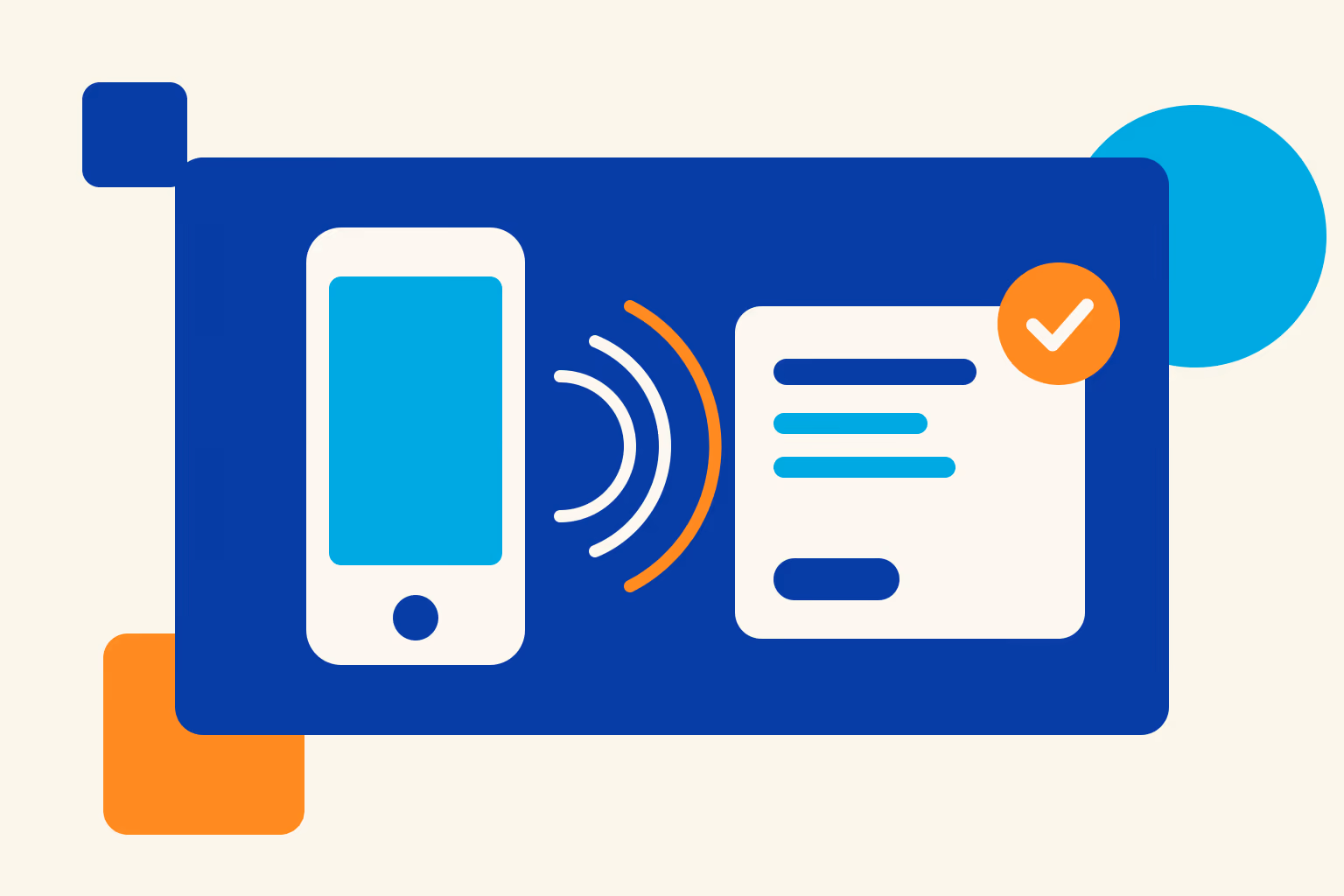 Illustrated mobile phone sending call waves to a ticked job card on a navy card, representing a trade phone call that becomes a won job
