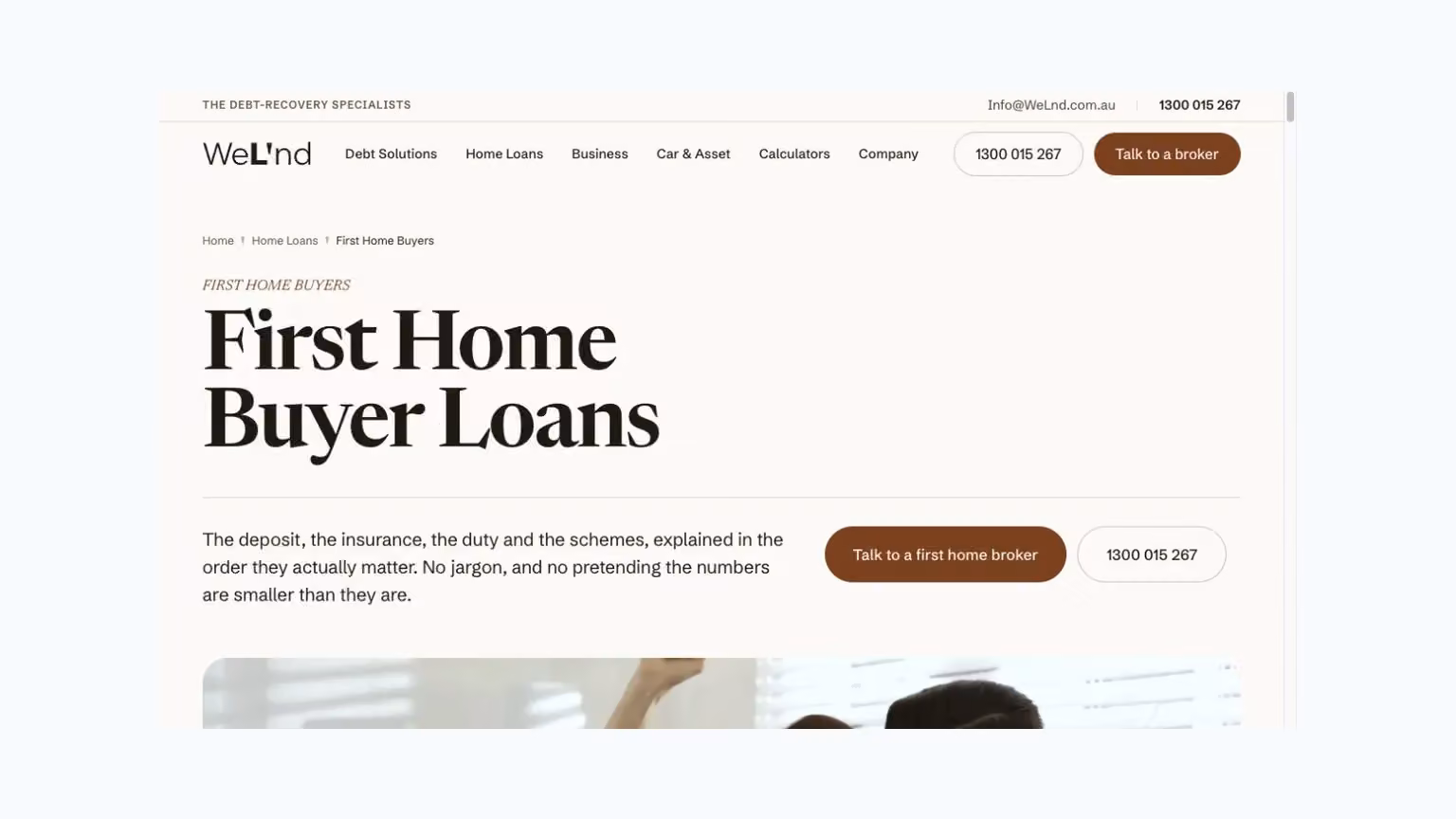 WELND: a first-home-buyer service page with broker and phone choices.