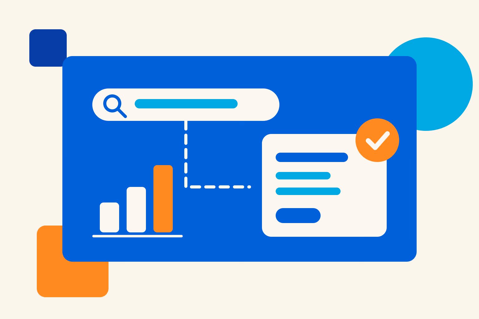 Illustrated search bar leading along a dotted line to a ticked job card on a blue card, representing a plumbing search that becomes a won job