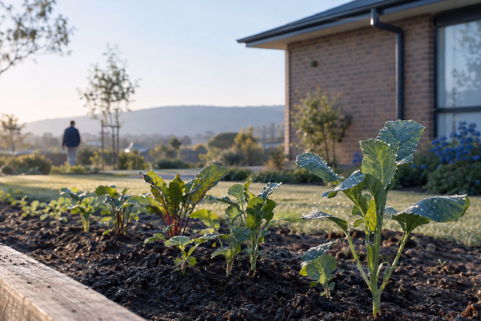 A row of young seedlings of different heights in a garden bed beside a newly built Australian home in soft morning light