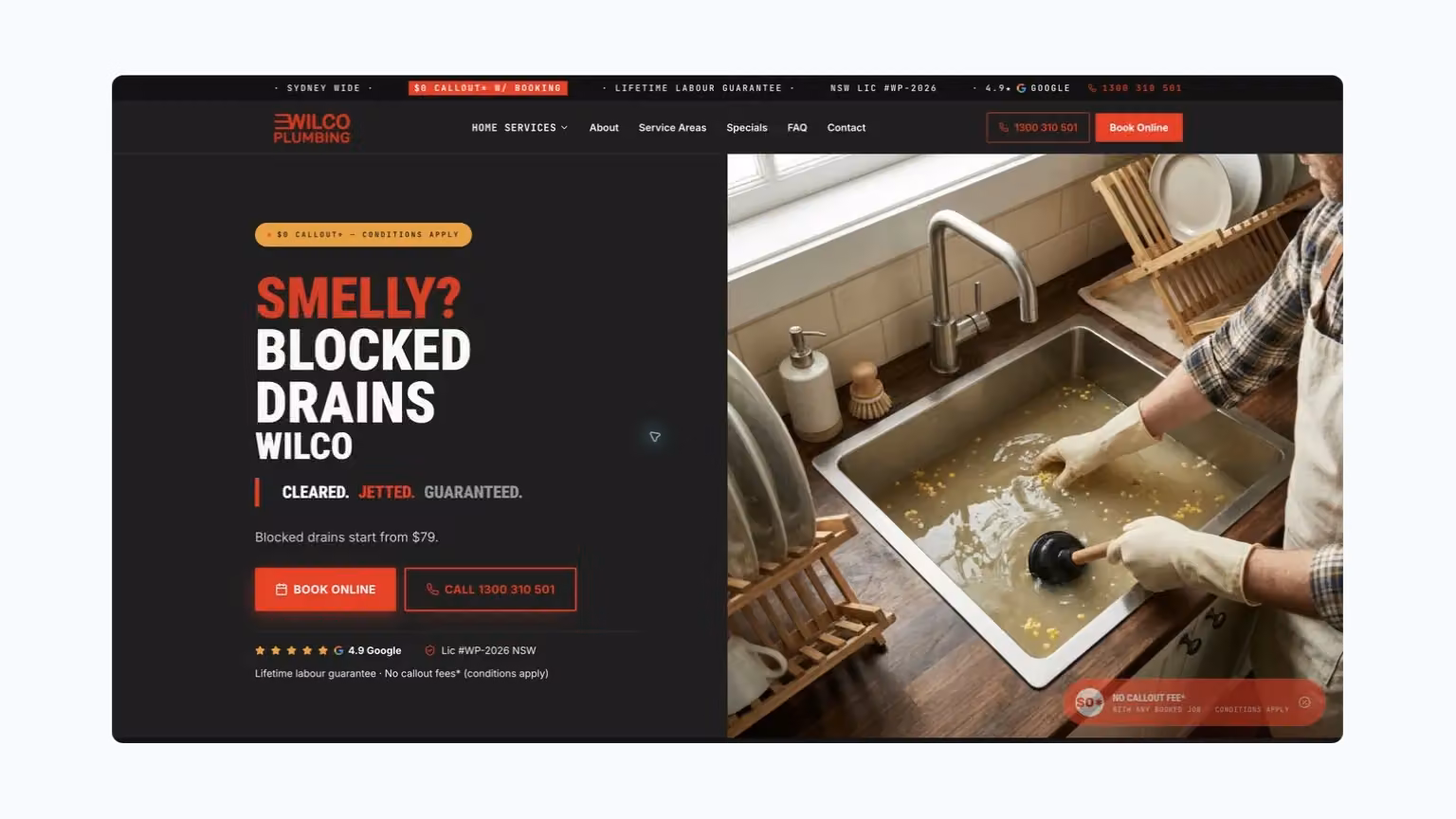 Wilco Plumbing: a dedicated blocked-drain page with relevant working imagery.