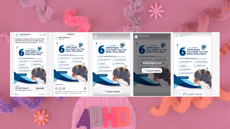 ADHD Rapid Care Meta ad campaigns across placements