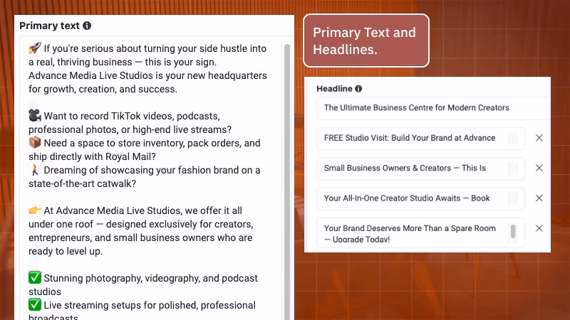 Advance Media Studios Meta Ads primary text and headline variations for creator studio bookings