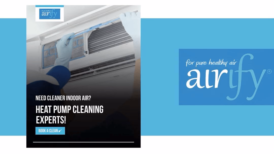 Airify heat pump cleaning Facebook ad creative with book a clean CTA and HVAC technician servicing unit