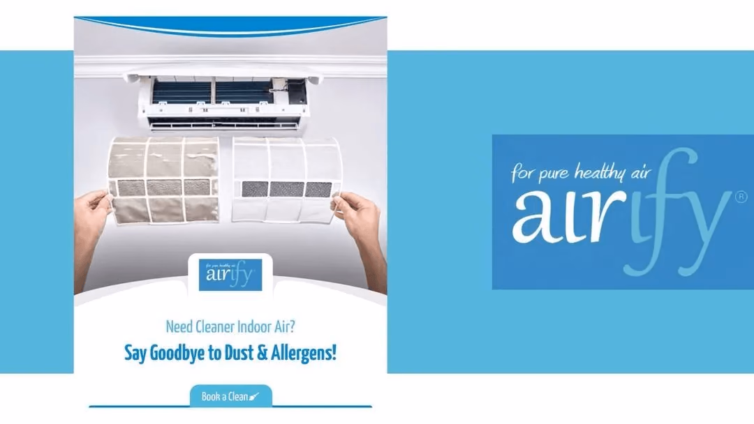 Airify indoor air quality ad showing dirty versus clean air filter with say goodbye to dust and allergens messaging