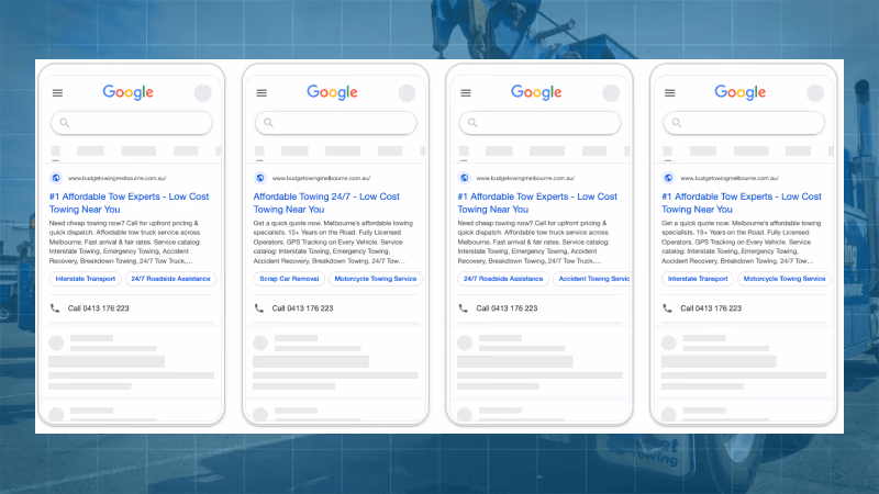 Budget Towing Melbourne Google search ad previews showing responsive search ads on mobile devices
