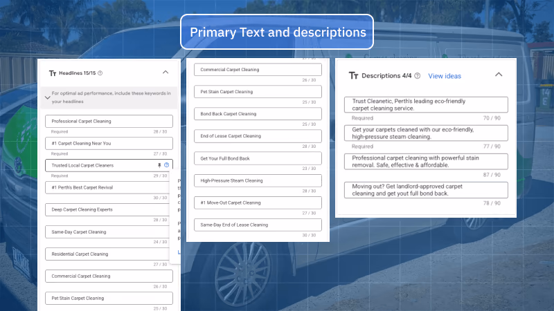 Cleanetic Google Ads headlines and descriptions setup with 15 headlines and 4 descriptions for Perth carpet cleaning