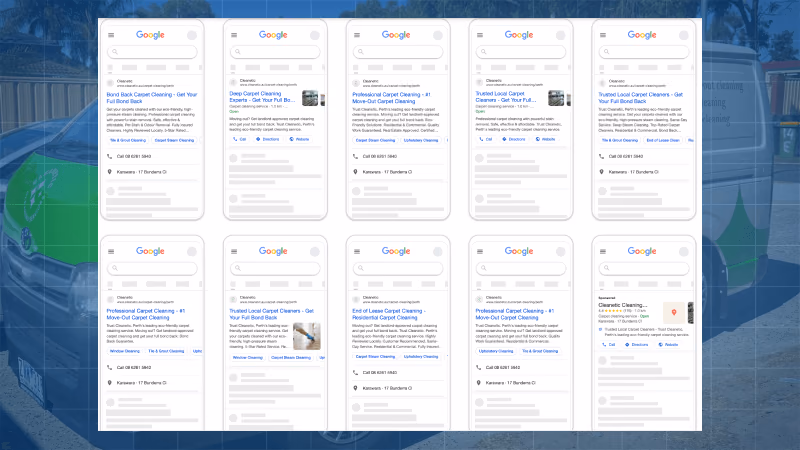 Cleanetic Google search ad previews showing responsive search ads across multiple carpet cleaning keywords in Perth