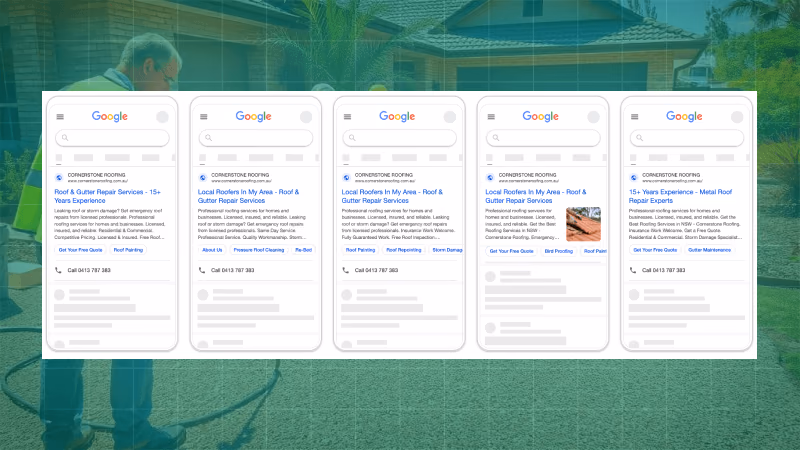 Cornerstone Roofing Google search ad previews showing responsive search ads across multiple roofing keywords in NSW
