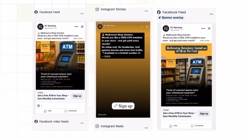 Fast Cash Services Melbourne Facebook Feed Instagram Stories and Reels ATM installation lead generation ads