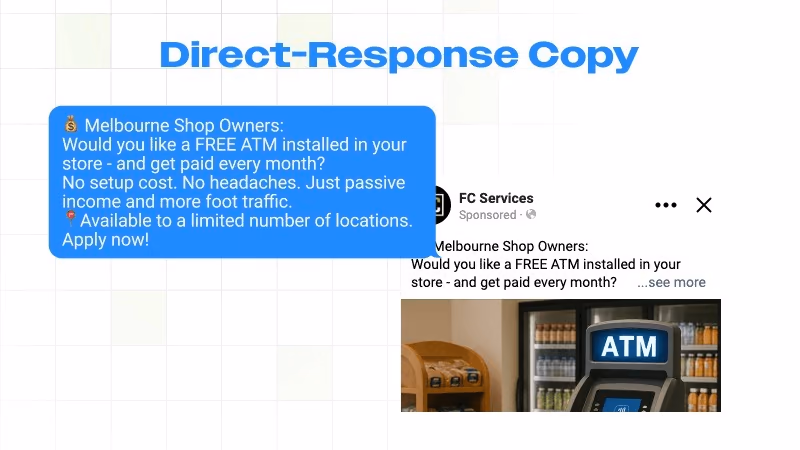 Fast Cash Services direct response ad copy and Facebook ad creative for Melbourne shop owners
