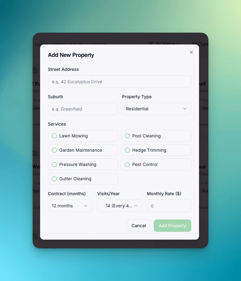 FixCare add new property modal with services, contract, and visit configuration