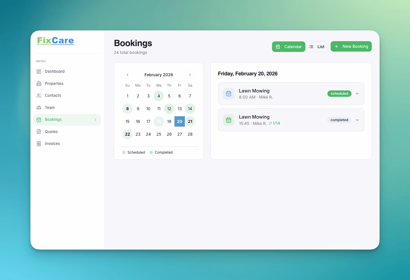 FixCare bookings calendar view with scheduled and completed jobs