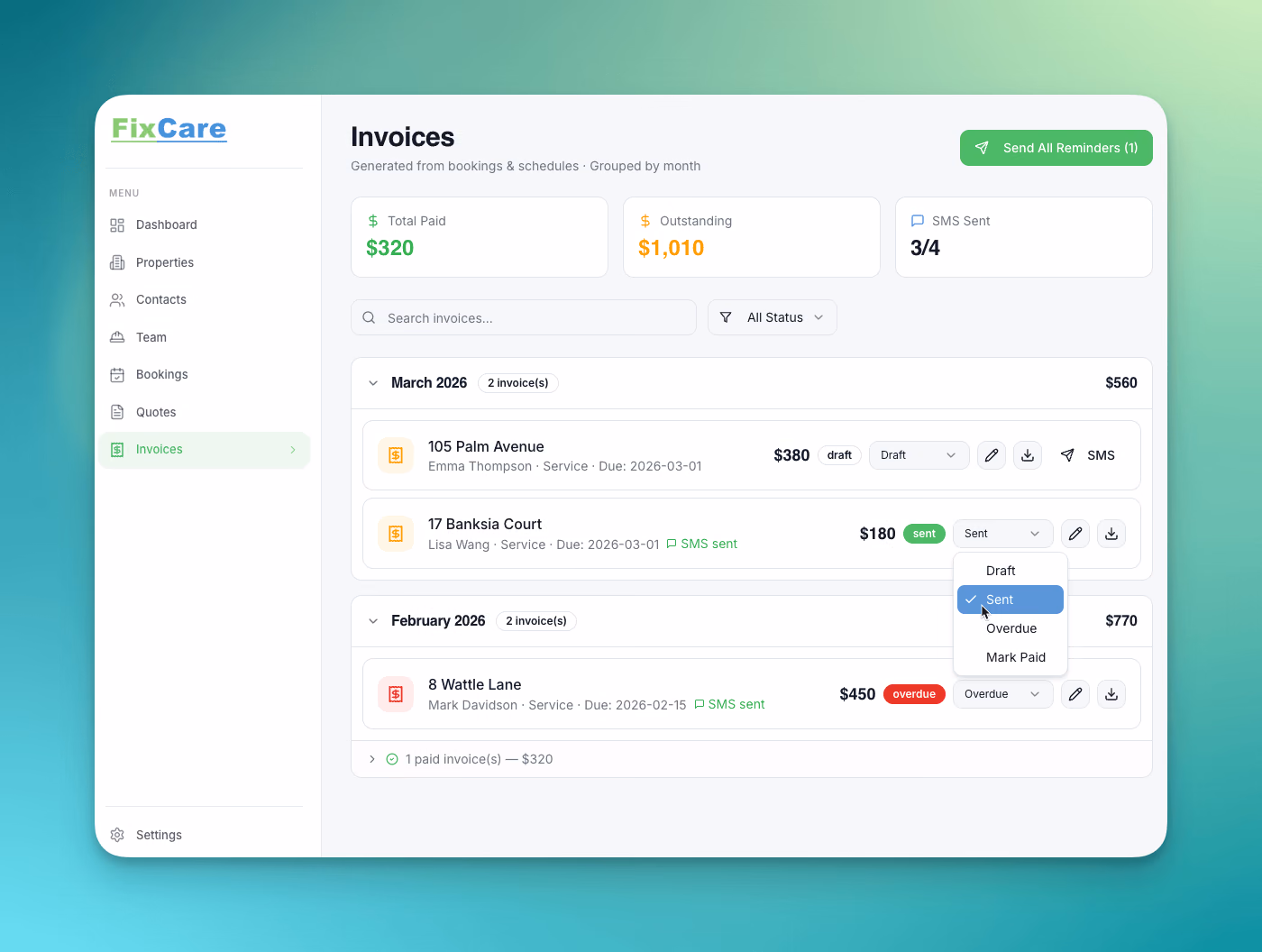 FixCare invoices screen with status tracking, SMS reminders, and payment management